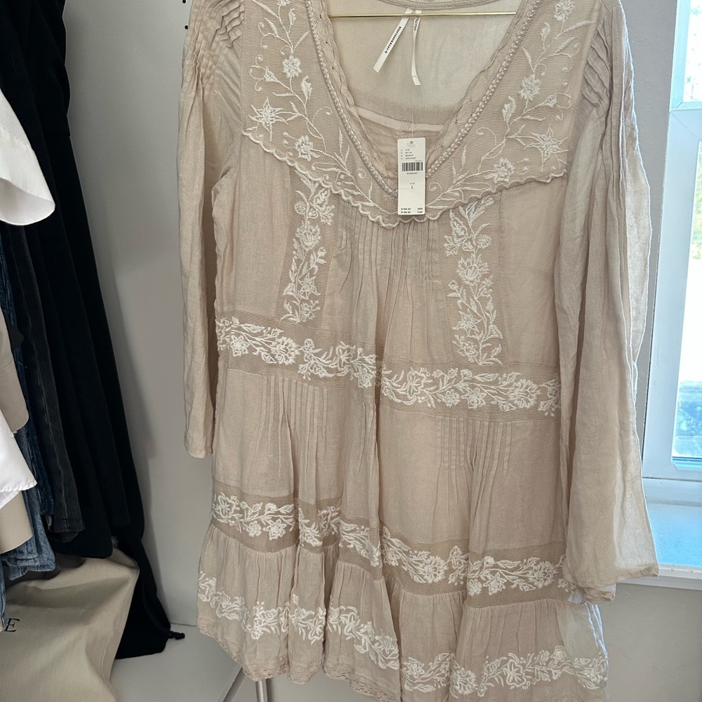Long-Sleeve Embroidered Pintuck Swing Anthropology Mini Dress